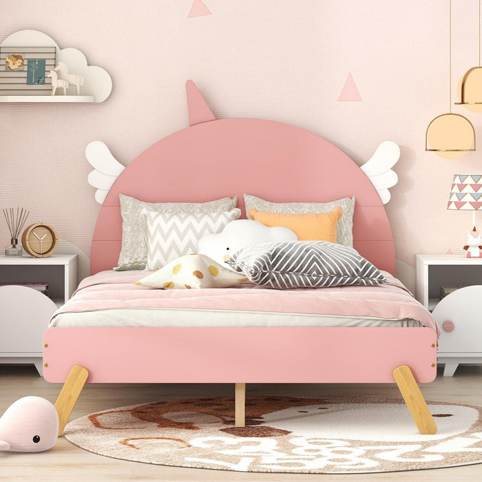 Wooden Cute Bed With Unicorn Shape Headboard,Full Size Platform Bed,Pink