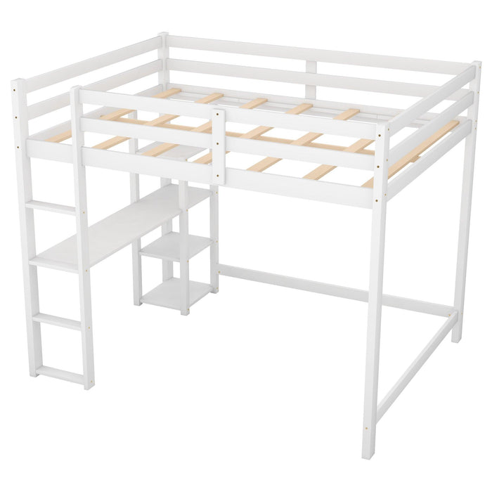 Full Size Loft Bed with Built-in Desk and Shelves,White