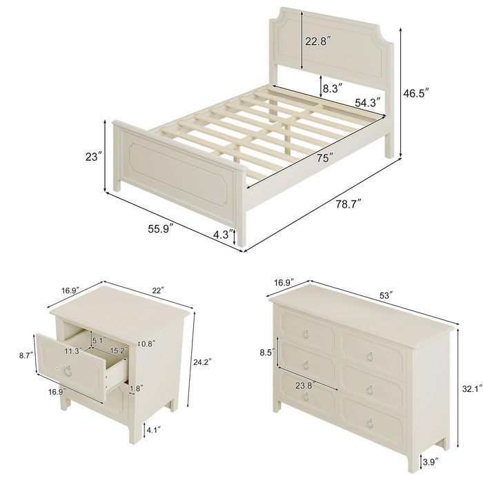 3 Pieces Bedroom Sets Milky White Solid Rubber Wood Full Size Platform Bed with Nightstand and Dresser