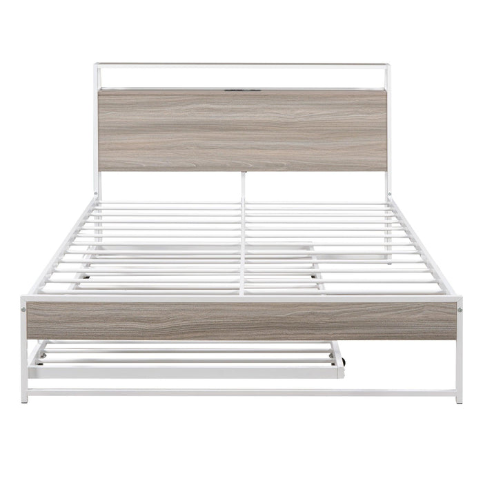 Full Size Metal Platform Bed Frame with Trundle, USB Ports and Slat Support ,No Box Spring Needed White