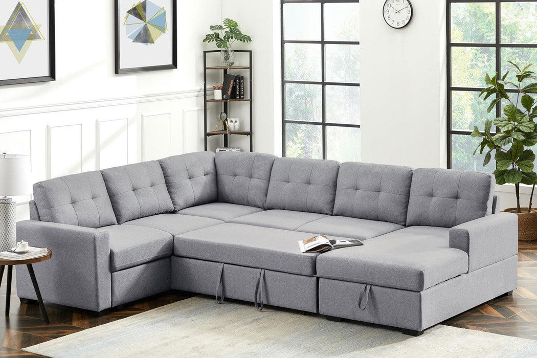 Selene Light Gray Linen Fabric Sleeper Sectional Sofa withStorage Chaise