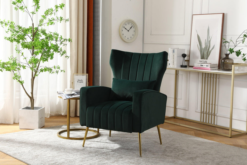 Velvet Accent Chair,Modern Living Room Armchair Comfy Upholstered Single Sofa Chair for Bedroom Dorms Reading Reception Room with Gold Legs & Small Pillow, Dark Green