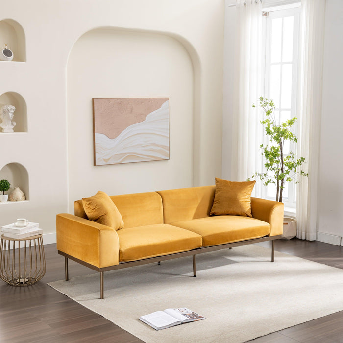 Modern Velvet Sofa with Metal Legs,Loveseat Sofa Couch with Two Pillows for Living Room and Bedroom, Mustard