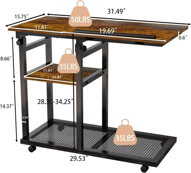 Adjustable C Table with Wheels, Rolling Side Table with Tiltable Board Mobile Couch Snack Table.