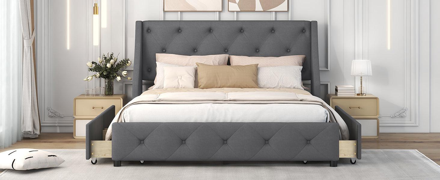 Upholstered Platform Bed with Wingback Tufted Headboard and 4 Drawers, No Box Spring Needed, Linen Fabric, Queen Size Gray