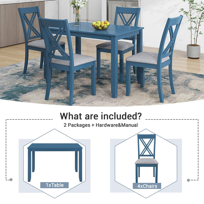 Rustic Minimalist Wood 5-Piece Dining Table Set with 4 X-Back Chairs for Small Places, Blue