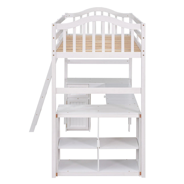 Twin size Loft Bed with Drawers, Cabinet, Shelves and Desk, Wooden Loft Bed with Desk - White