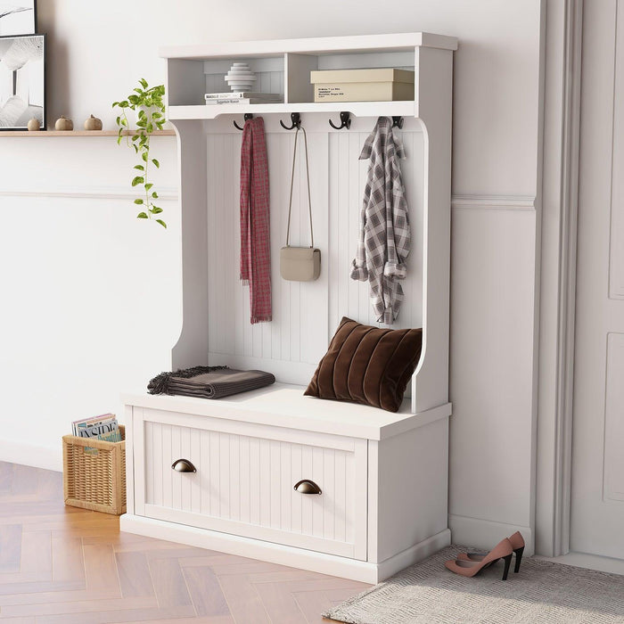 Entryway hall tree with coat rack 4 hooks andStorage benchShoe cabinet white