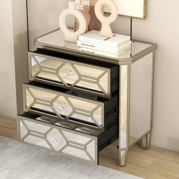 Elegant Mirrored 3-Drawer Chest with Golden LinesStorage Cabinet for Living Room, Hallway, Entryway