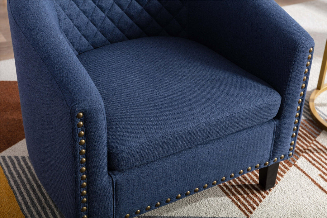 accent Barrel chair living room chair with nailheads and solid wood legs  Black  Navy  Linen