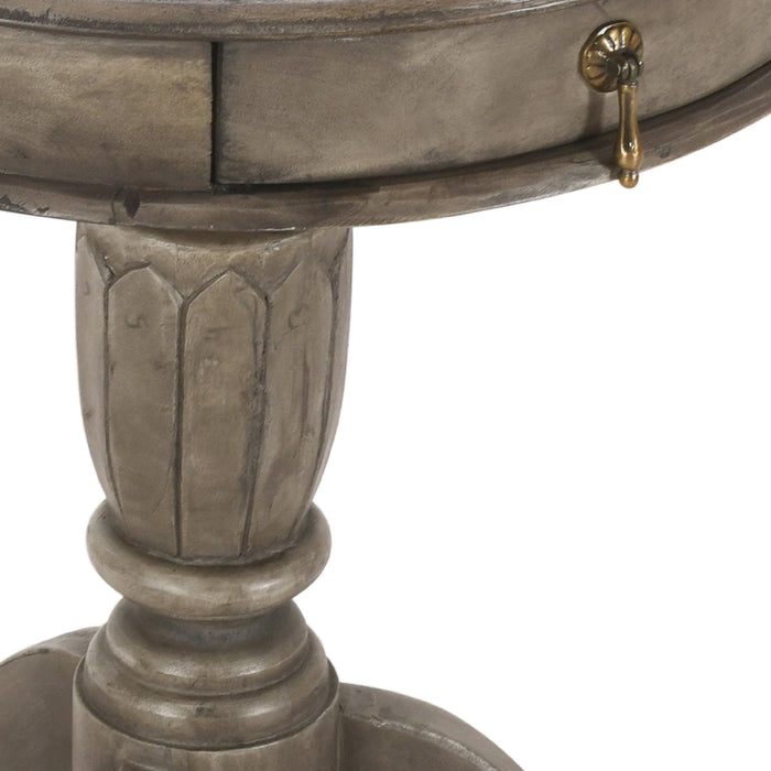 21 Inch Handcrafted ManWood Side Table with Drawer, Classic Pedestal Base and Round Top, Rustic Gray