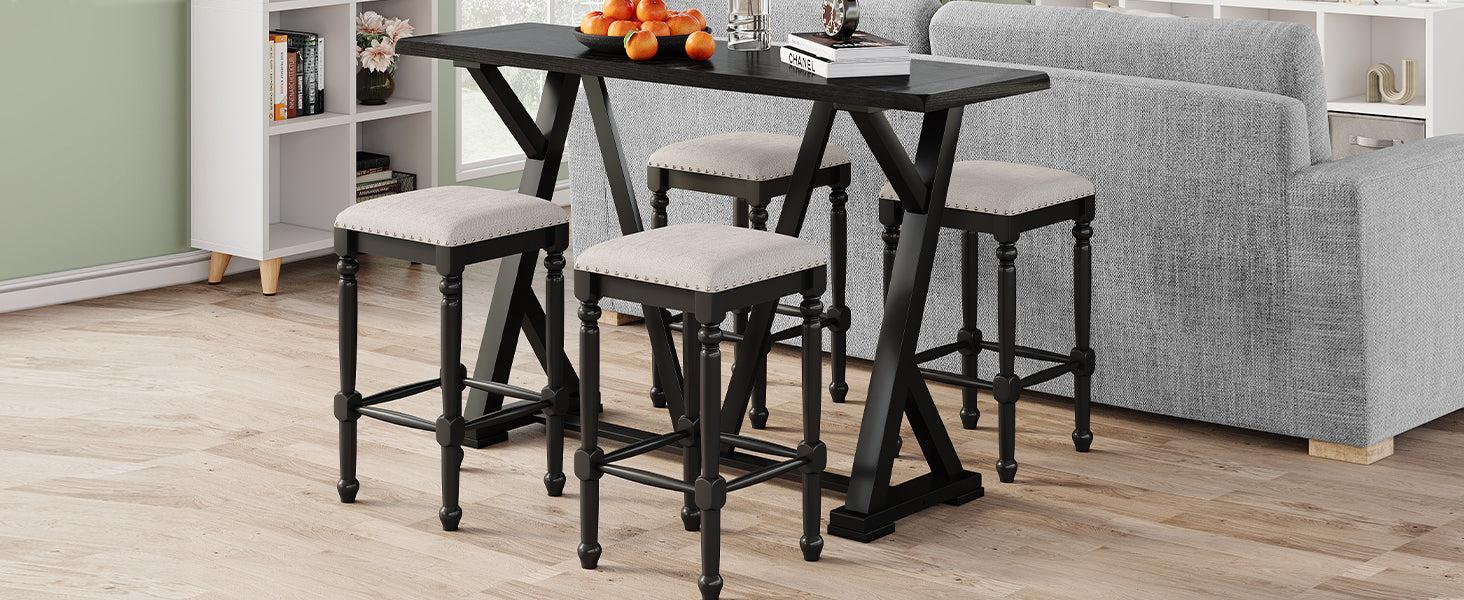 Mid-century Counter Height 5-Piece Dining Set, Wood Console Table with Trestle Legs and 4 Stools for Small Places, Black