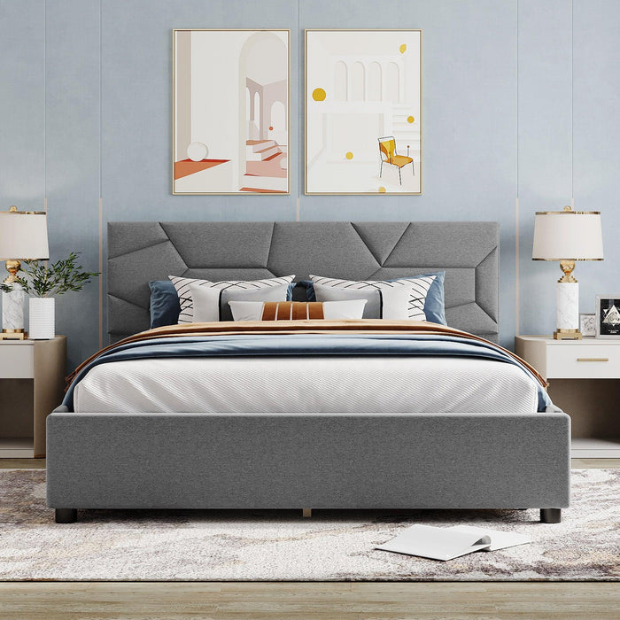 Queen Size Upholstered Platform Bed with Brick Pattern Heardboard and 4 Drawers, Linen Fabric, Gray