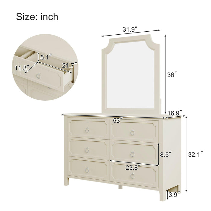 6 Pieces Bedroom Sets Milky White Solid Rubber Wood King Size Platform Bed with Nightstand*2, Chest, Mirror and Dresser