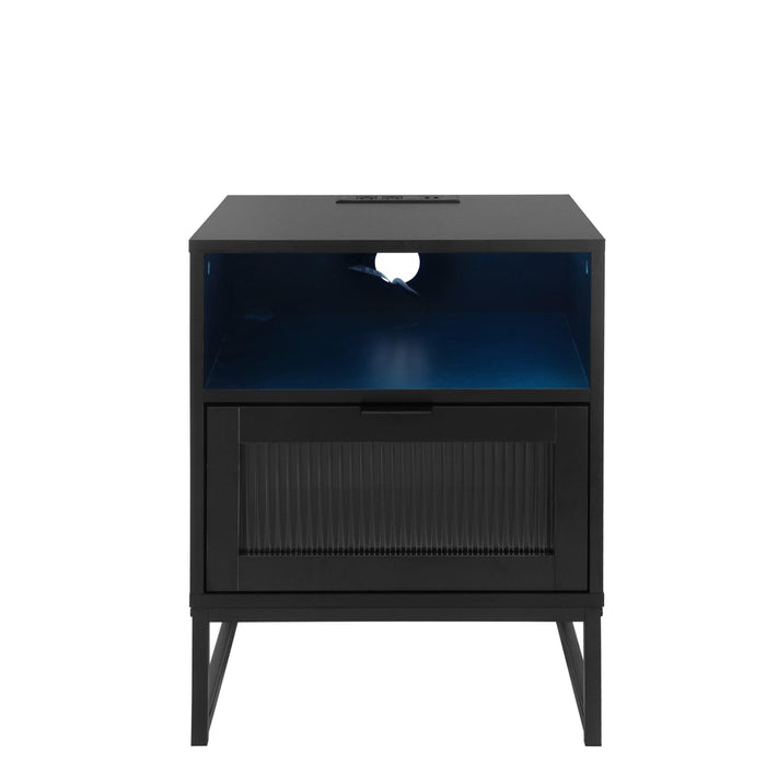 Nightstand with LED Lights / Drawer, Black Bedside Table for Bedroom