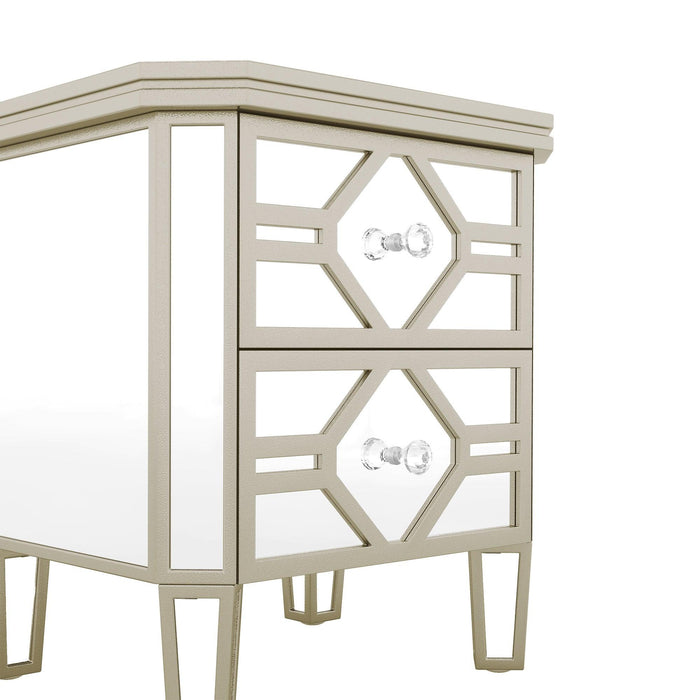 Elegant Mirrored 2-Drawer Side Table with lden Lines for Living Room, Hallway, Entryway