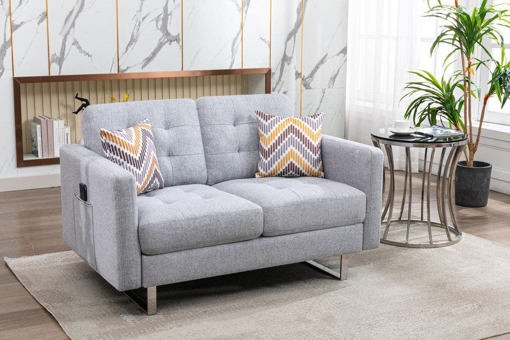 Victoria Light Gray Linen Fabric Loveseat Chair Living Room Set with Metal Legs, Side Pockets, and Pillows