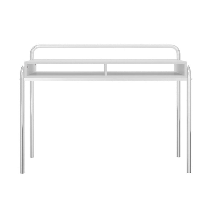 Office Desk with 2 Compartments and Tubular Metal Frame, White and Chrome