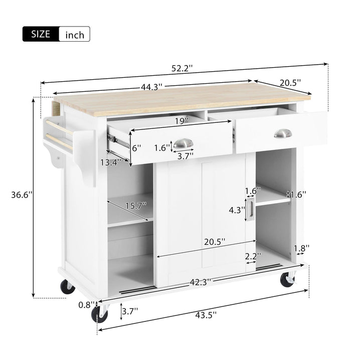 Kitchen Cart with Rubber wood Drop-Leaf Countertop, Concealed sliding barn door adjustable height,Kitchen Island on 4 Wheels withStorage Cabinet and 2 Drawers,L52.2xW30.5xH36.6 inch, White