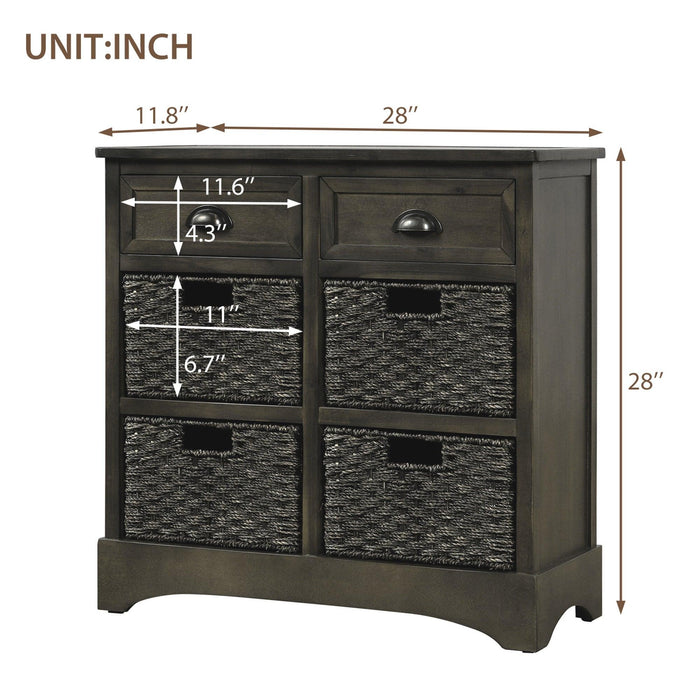 RusticStorage Cabinet with Two Drawers and Four  Classic Rattan Basket for Dining Room/Living Room (Brown Gray)