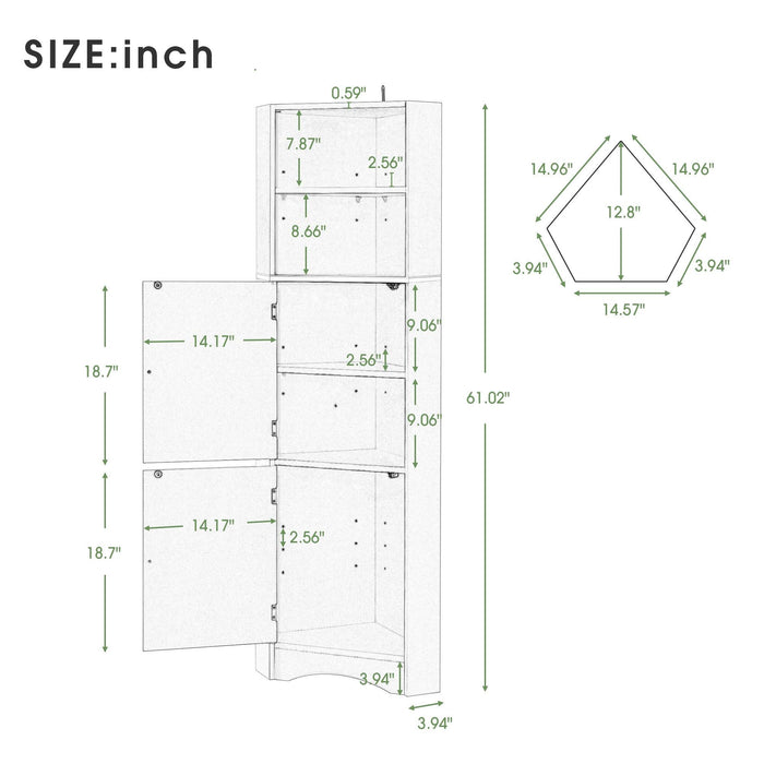 Tall Bathroom Corner Cabinet, FreestandingStorage Cabinet with Doors and Adjustable Shelves, MDF Board, Gray