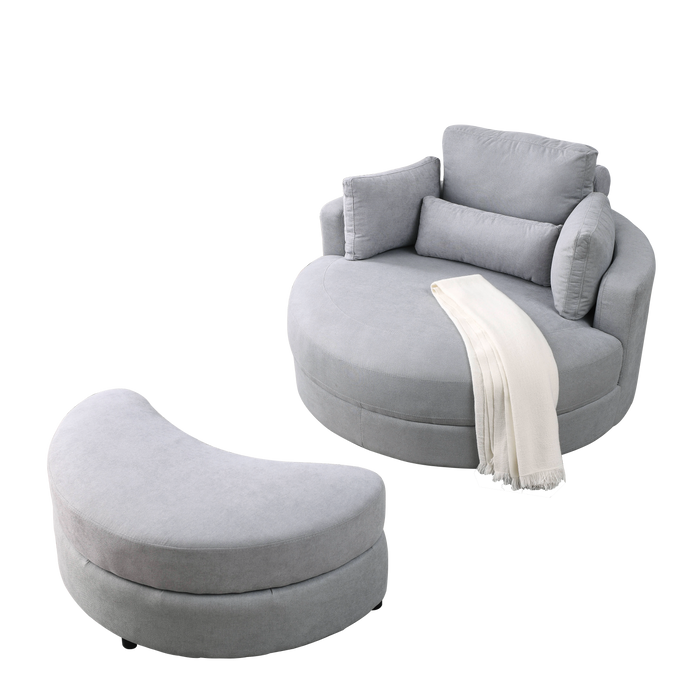 Swivel Accent BarrelModern Grey Sofa Lounge Club Big Round Chair withStorage Ottoman Linen Fabric for Living Room Hotel with Pillows