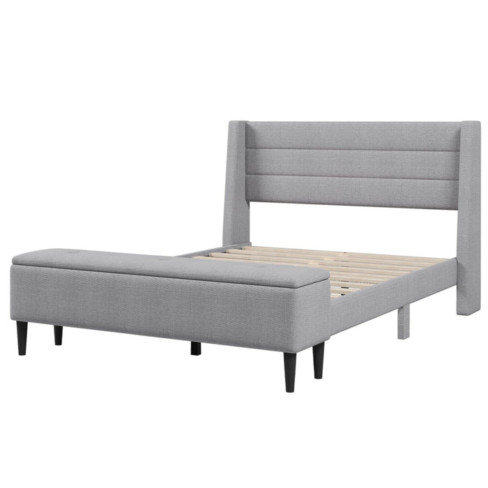 3 Pieces Gray Queen UpholsteredStorage Bed Frame withStorage Ottoman Bench and Two Nightstands