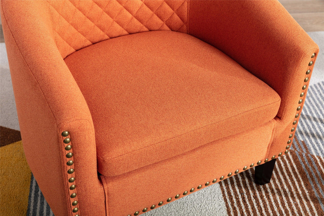 accent Barrel chair living room chair with nailheads and solid wood legs  Orange  linen