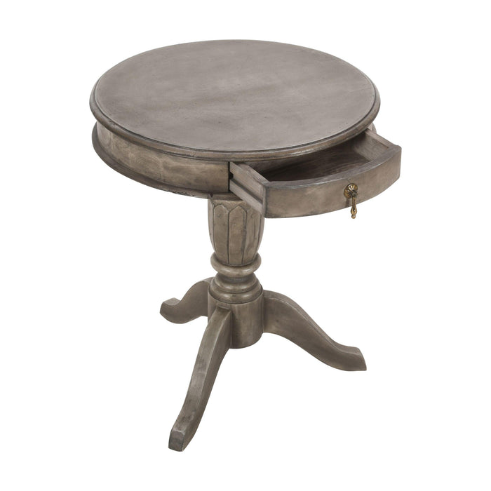 21 Inch Handcrafted ManWood Side Table with Drawer, Classic Pedestal Base and Round Top, Rustic Gray