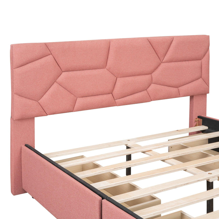 Full Size Upholstered Platform Bed with Brick Pattern Heardboard and 4 Drawers, Linen Fabric, Pink