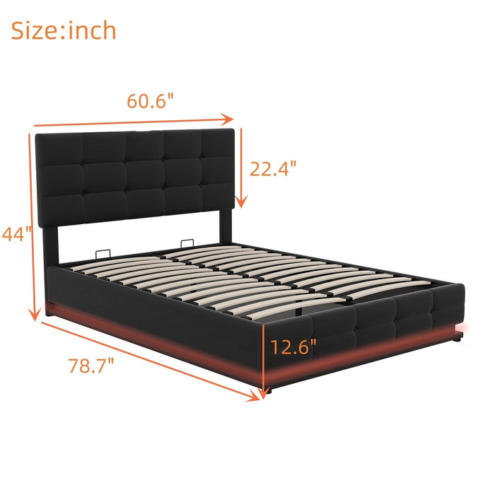 Full Size Tufted Upholstered Platform Bed with HydraulicStorage System,PUStorage Bed with LED Lights and USB charger, Black