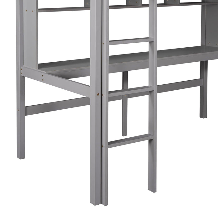 Twin Size Loft Bed with Convenient Desk, Shelves, and Ladder, White