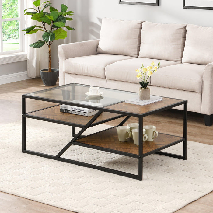 Black Coffee Table withStorage Shelf, Tempered Glass Coffee Table with Metal Frame for Living Room&Bedroom