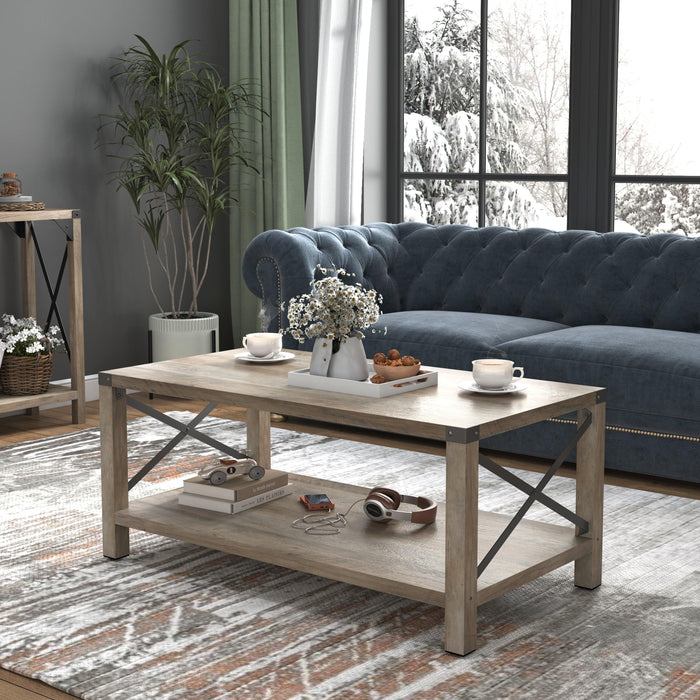 2-TierModern Farmhouse Coffee Table, Wood Rectangle Cocktail Table with Metal X- Frame (Gray, 40.94" w x 21.65" d x 17.91" h)