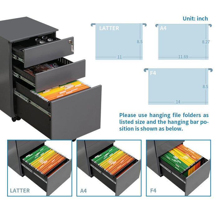 3 Drawer Mobile File Cabinet with Lock Steel File Cabinet for Legal/Letter/A4/F4 Size, Fully Assembled Include Wheels, Home/ Office Design