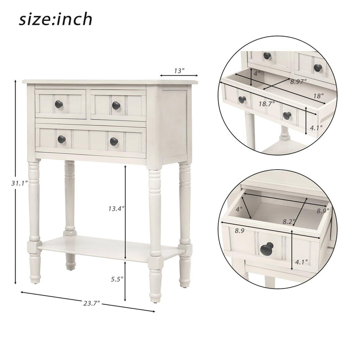 Narrow Console Table, Slim Sofa Table with ThreeStorage Drawers and Bottom Shelf (Ivory White)