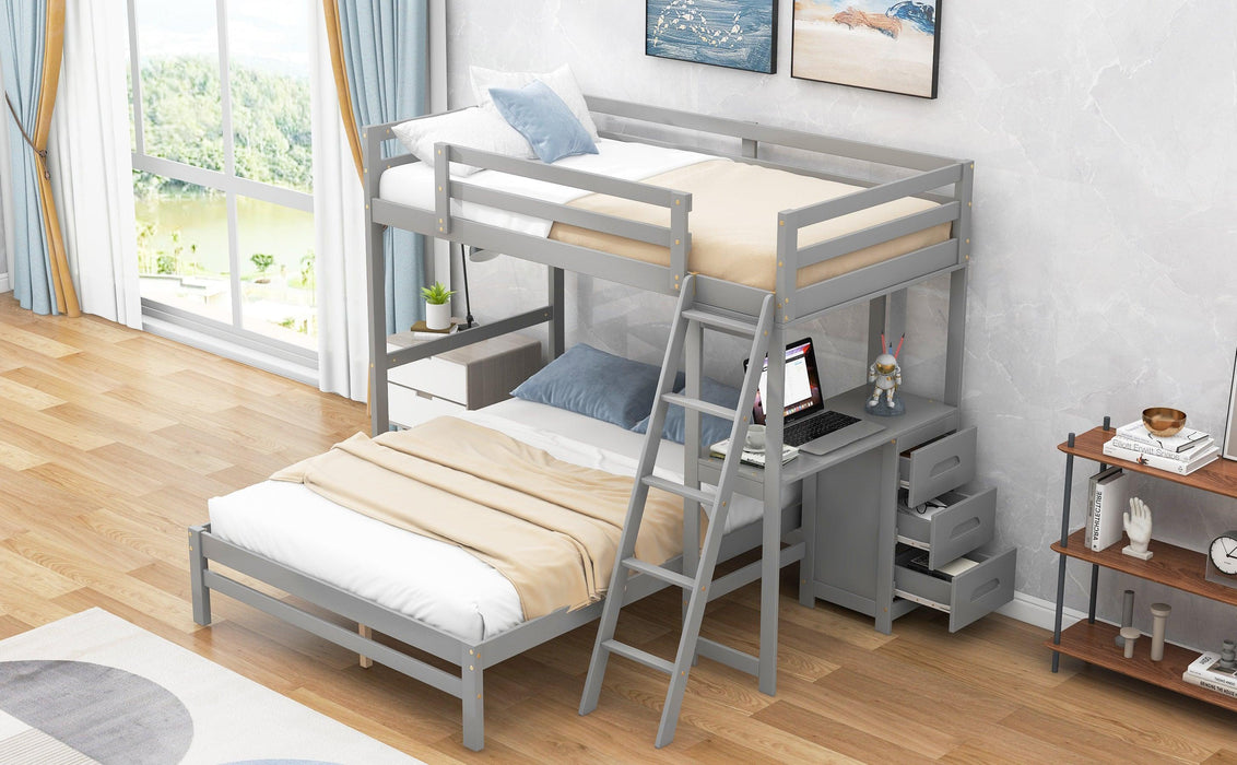 Twin over Full Bunk Bed with Built-in Desk and Three Drawers,Grey