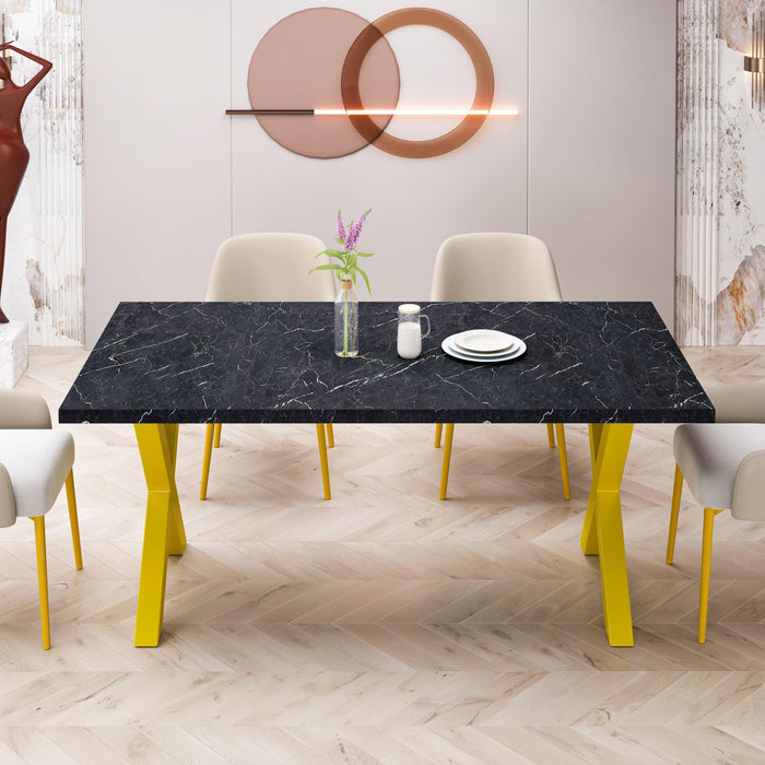 70.87"Modern Square Dining Table with Printed Black Marble Table Top+Gold X-Shape Table Leg