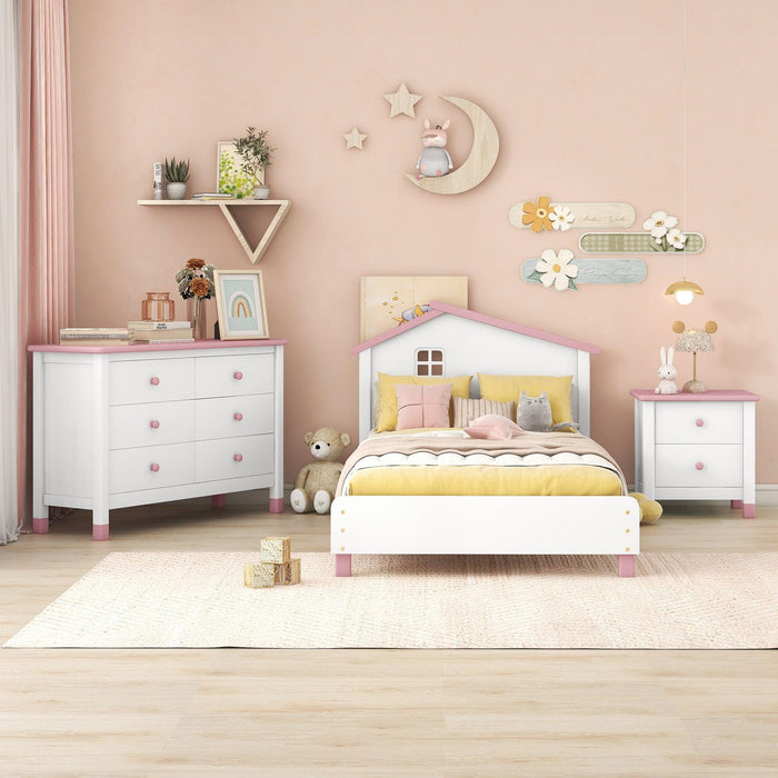 3-Pieces Bedroom Sets Twin Size Platform Bed with Nightstand andStorage dresser,White+Pink