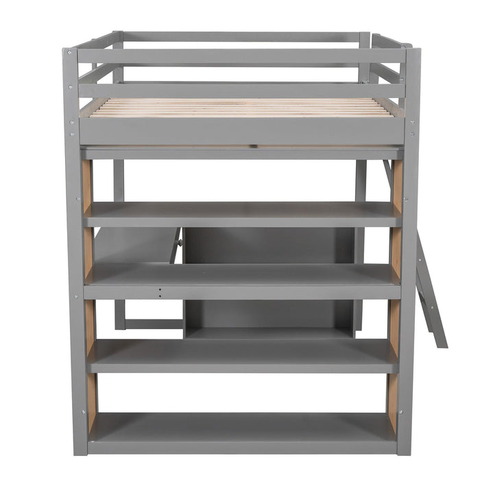 Full Size Loft Bed with Ladder, Shelves, and Desk, Gray