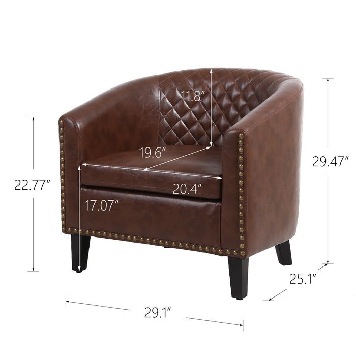 accent Barrel chair living room chair with nailheads and solid wood legs  Brown pu leather