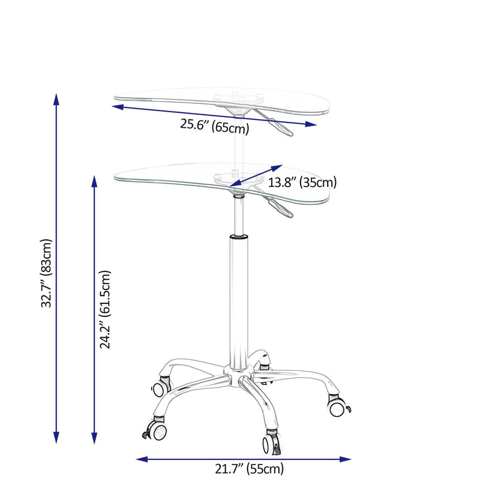 Adjustable Height Transparent Tempered Glass Table Desk Table with Lockable Wheels(Adjustable Range 24.2 "~32.7 ")