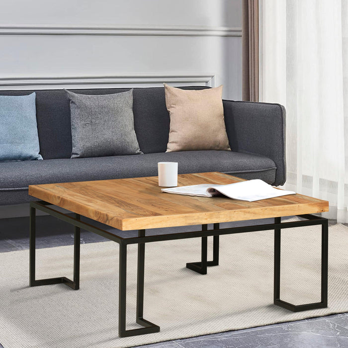 Square Coffee Table with Wooden Top and Geometric Frame, Brown and Black