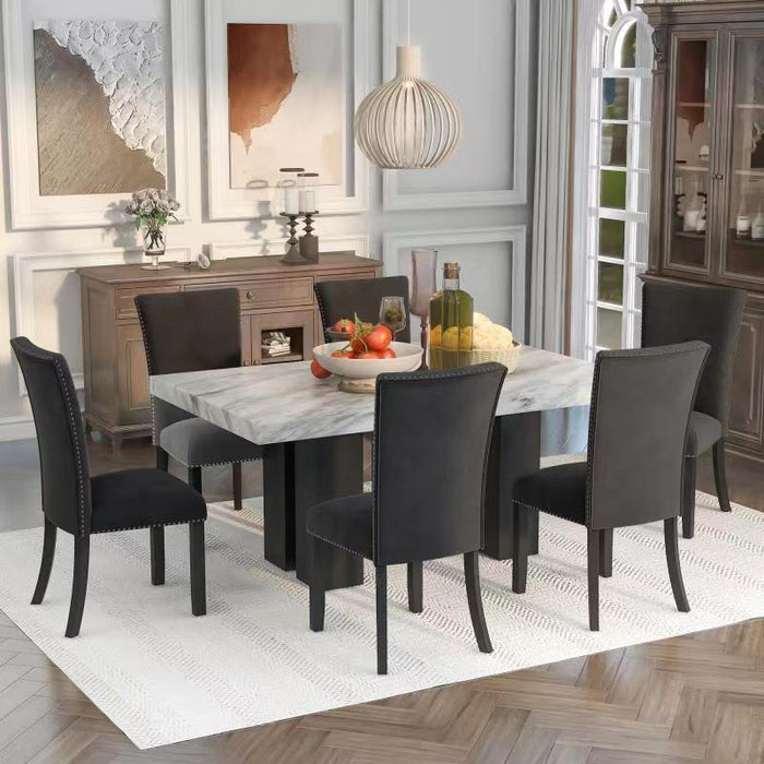 7-piece Dining Table Set with 1 Faux Marble Dining Rectangular Table and 6 Upholstered-Seat Chairs ,for Dining room and Living Room ,Black