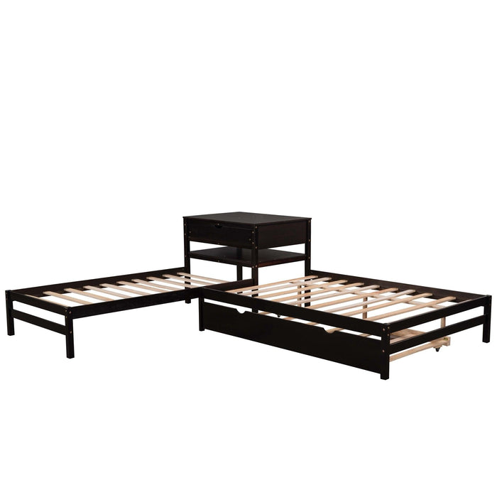 L-Shaped Full Size and Twin Size Platform Beds with Twin Size Trundle and Drawer Linked with Built-in Rectangle Table,Espresso