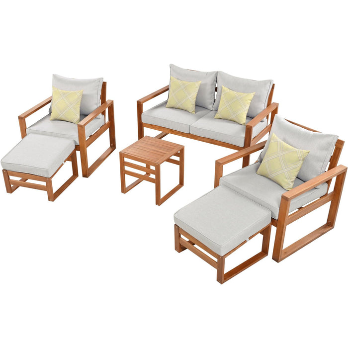 Outdoor Patio Wood 6-Piece Conversation Set, Sectional Garden Seating Groups Chat Set with Ottomans and Cushions for Backyard, Poolside, Balcony, Grey