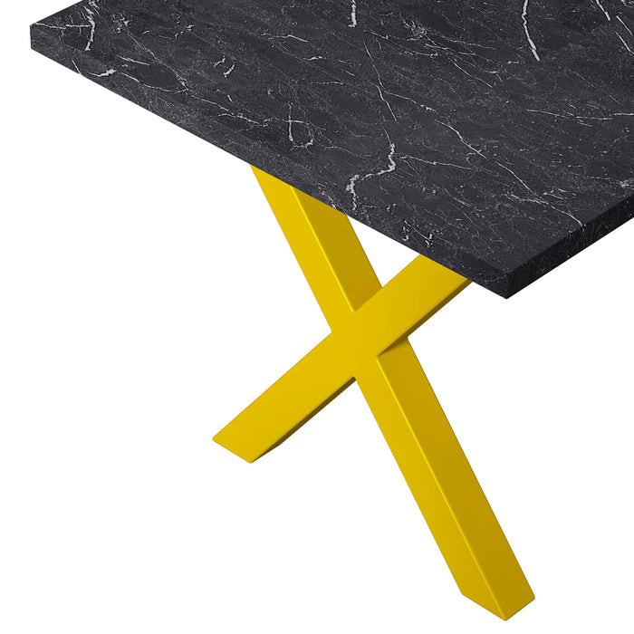 70.87"Modern Square Dining Table with Printed Black Marble Table Top+Gold X-Shape Table Leg