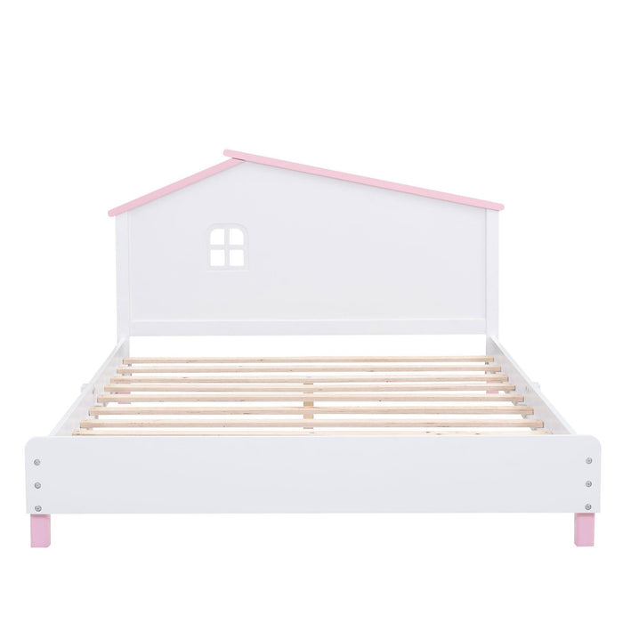 Full Size Wood Platform Bed with House-shaped Headboard  (White+Pink)