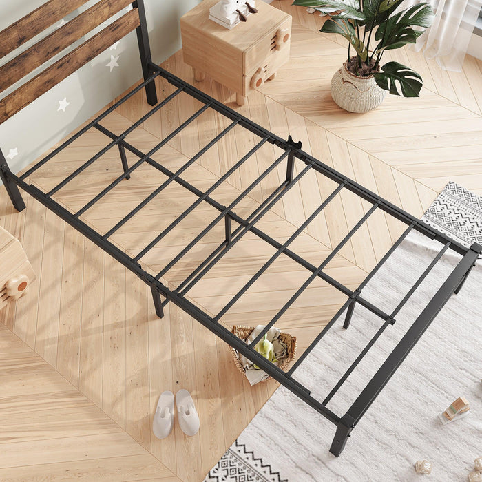 Twin Size Platform Bed Frame with Rustic Vintage Wood Headboard, Strong Metal Slats Support Mattress Foundation, No Box Spring Needed Rustic Brown