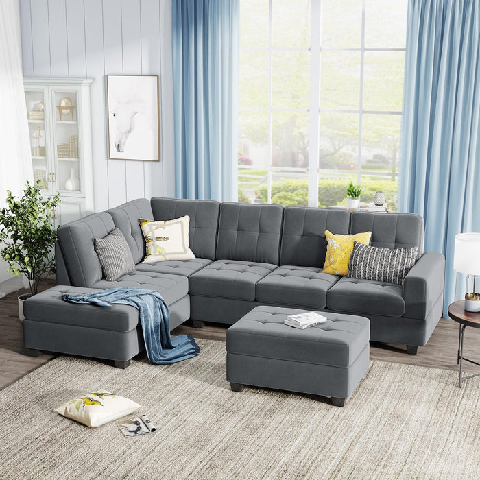 Sectional Sofa with Reversible Chaise Lounge, L-Shaped Couch withStorage Ottoman and Cup Holders